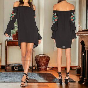 VAVA By JOY HAN ( XS ) Embroidered detail off the Shoulder Black Mini Dress